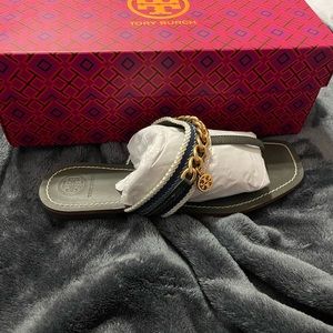Tory Burch mini Benton chain band sandal. Calf leather with webbing.